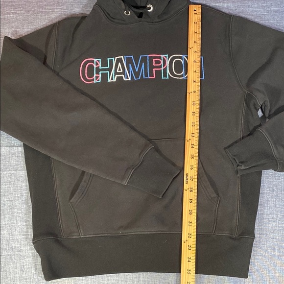 Champion Reverse Weave Hoodie M Black Multicolor Spellout Pullover Sweatshirt - Picture 9 of 9
